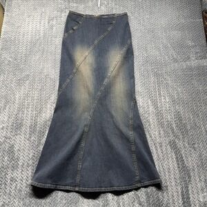 Hot Kiss Denim Maxi Skirt Size 1 Low Rise Y2K Asymmetrical Seam Mermaid Flare